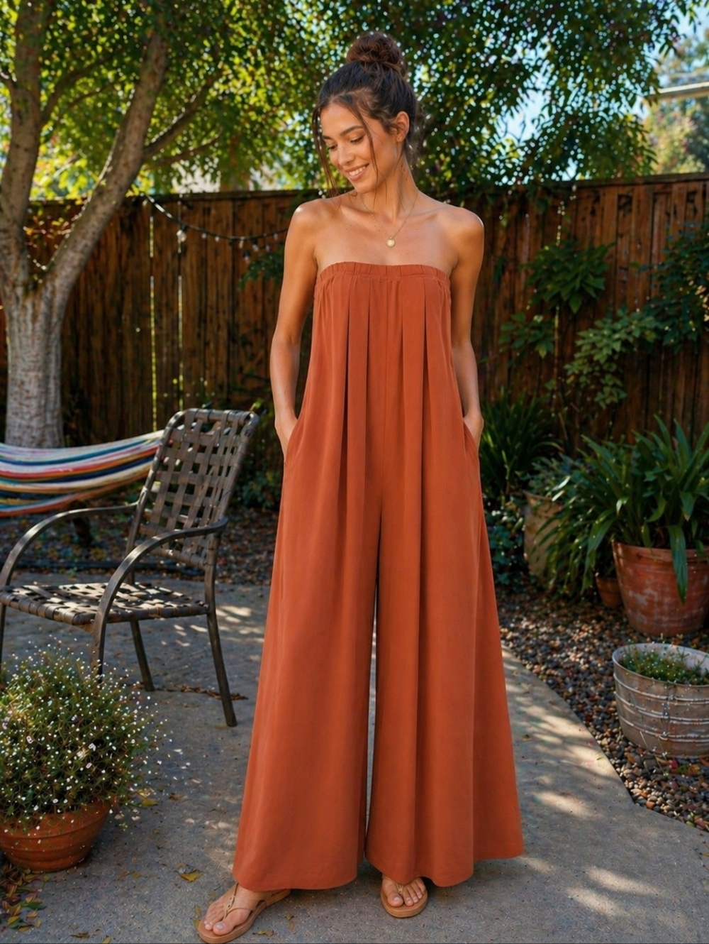 Free People Rust Strapless Wide-Leg Jumpsuit
